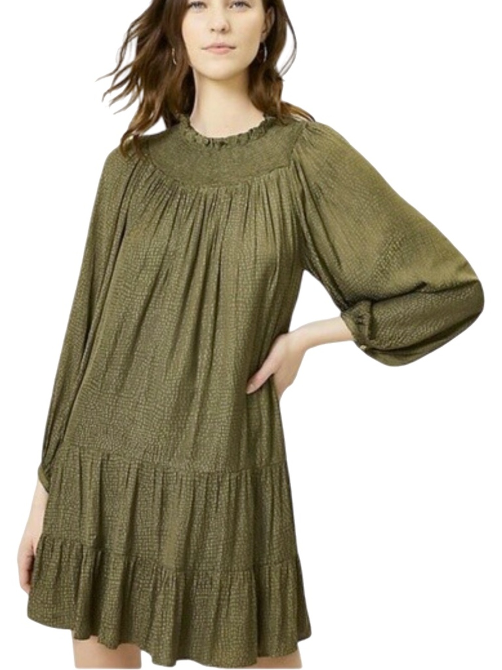 LOFT Fresh Ivy Swing Dress Yoke Smocked Neckline Olive Green Ruffled Tiered NWT